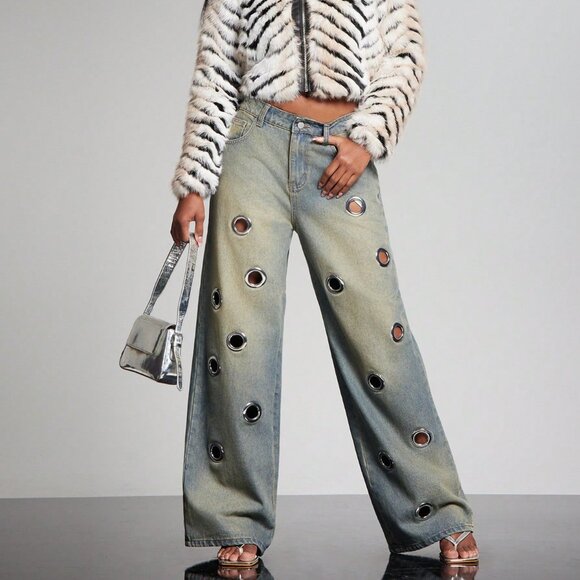 Medium Wash Punk Women's Wide Leg Baggy Jeans